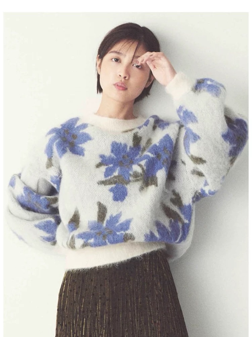 SNIDEL Blue Floral Alpaca Wool Blend Sweater Size F Oversized Japanese Fashion